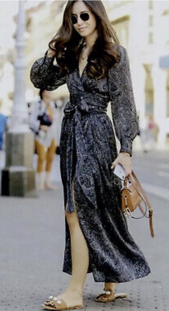 ZARA NWT LONG Black PAISLEY Printed DRESS Robe Wrap Style, S