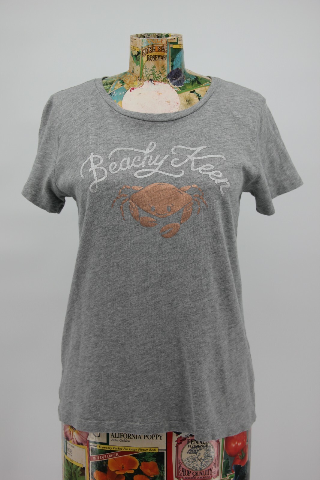 T shirt donna J Crew taglia S grigia Beachy Keen granchio rame da collezione 100% cotone 480