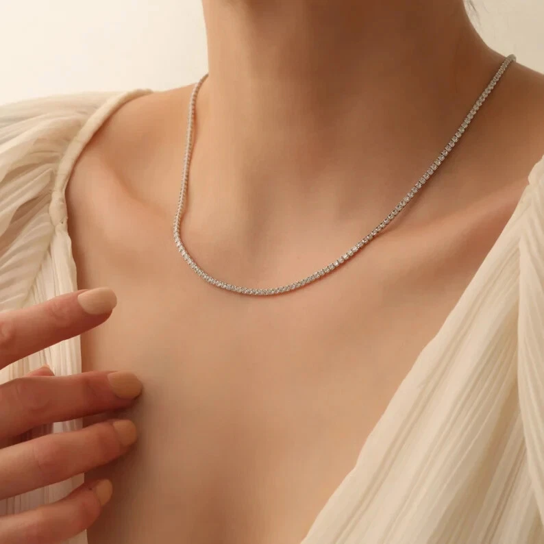 3MM Round Simulated Diamond Fancy Choker Tennis Necklace 14k White Gold Plated - Image 4 of 4