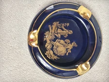 Vintage Cobalt Blue Ceramic Ashtray Gold Script and Toiles Print