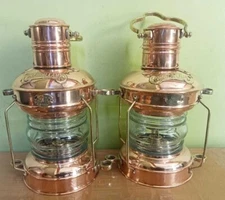 Lamp Lot Of 2 Nautical Lamp Boat Light, Brass & Copper Anchor Maritime Oil Lamp