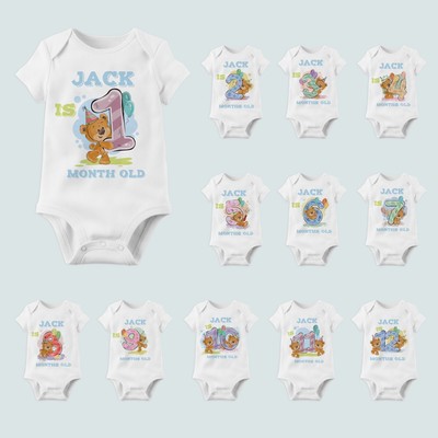 Teddy bear Baby Monthly Milestone Personalised Bodysuit