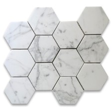 L34XP Statuary White Statuario Marble 4 inch Hexagon Mosaic Tile Polished
