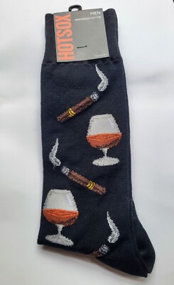 New W/Tags Hot Sox Men's Black Cognac & Cigars Novelty Crew Sock, 10-13