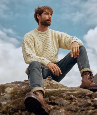 Aran Irish Men's Merino Wool Sweater Cable Knit Traditional