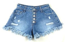 Rue 21 Denim Shorts High Rise Button Front Cut Off Fringe Womens Size 0