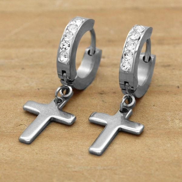 Pendientes para Hombre Mujer Aro Cruz Cz Colgante Acero Inoxidable