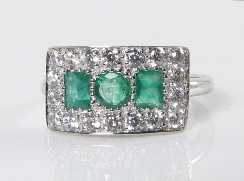 CLASS 9k 9CT WHITE GOLD EMERALD MOISSANITE DIAMOND ART DECO INS RING FREE RESIZE - Picture 3 of 5