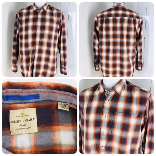 Tommy Bahama Mens Size L Romario Orange Gray Plaid Button Down Shirt Bn11