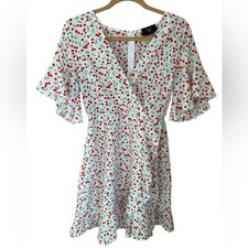 AX Paris cherry print white mini v-neck wrap dress with flutter sleeves size 8