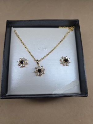 Gold-Tone Flower Necklace & Earrings Set With Black & Clear Crystals NEW 