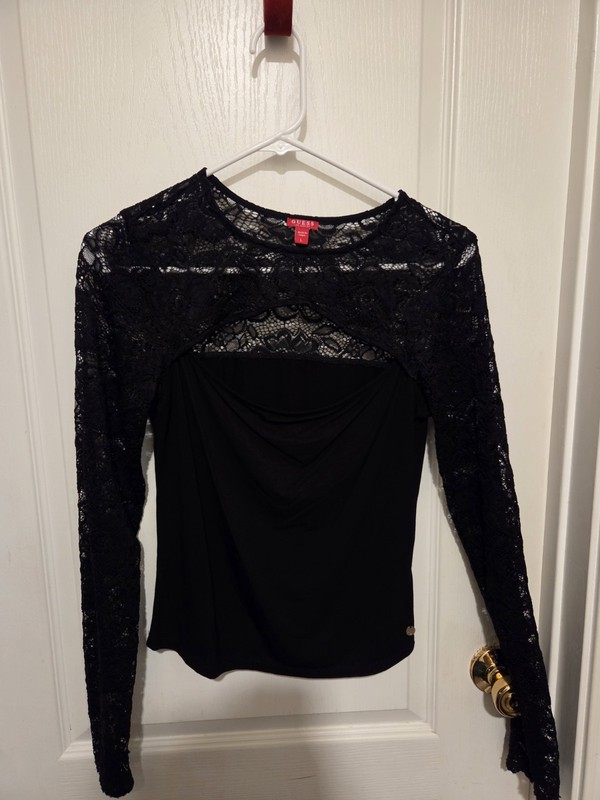 GUESS Women’s Black Sheer Lace Long Sleeve Round Neck Pullover Top Size L