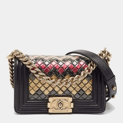 Chanel Black Leather and Sequins Tile Brasserie Mosaic Small Boy