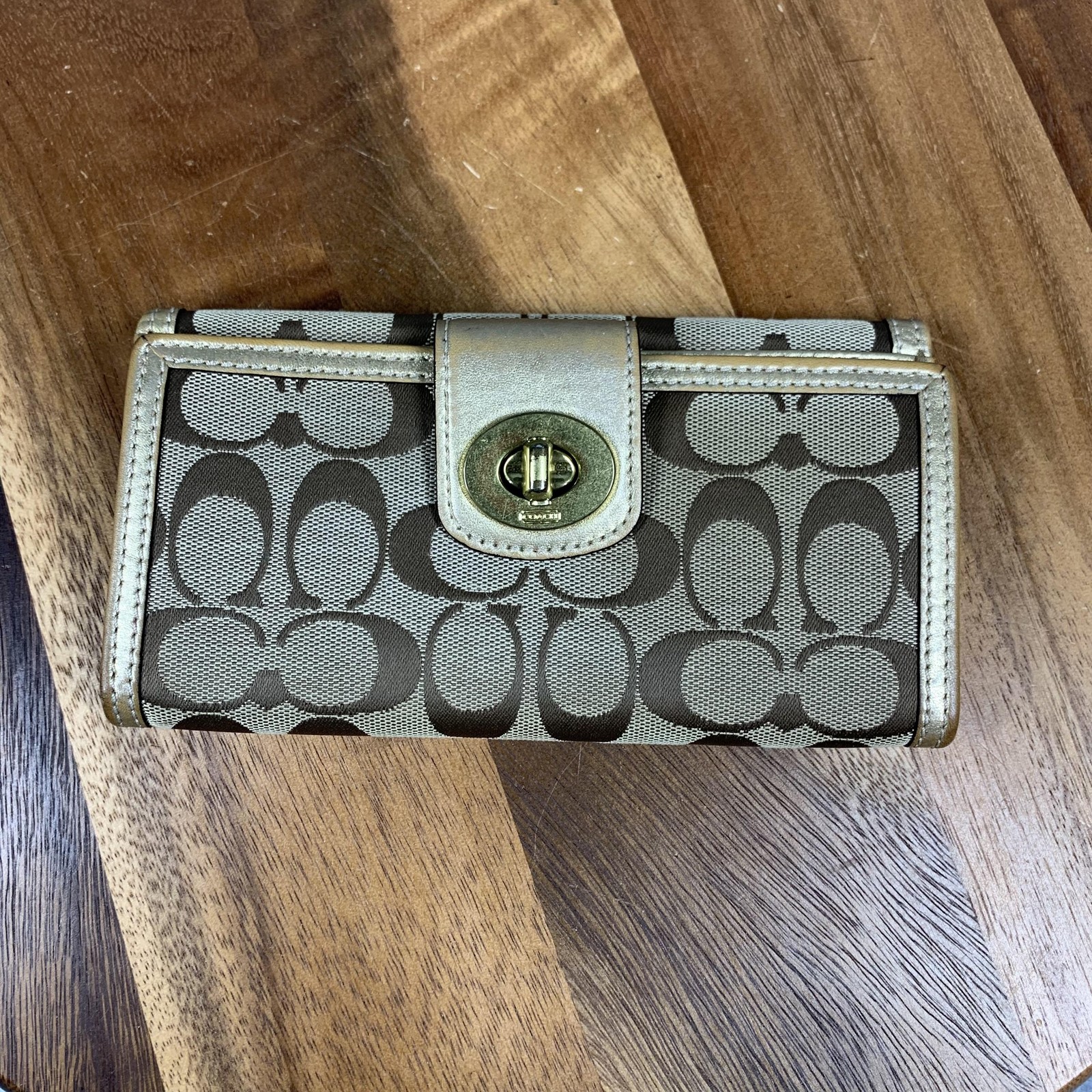 Coach Signature Wallet Womens Brown Gold Turnlock Canvas Leather Long Checkbook