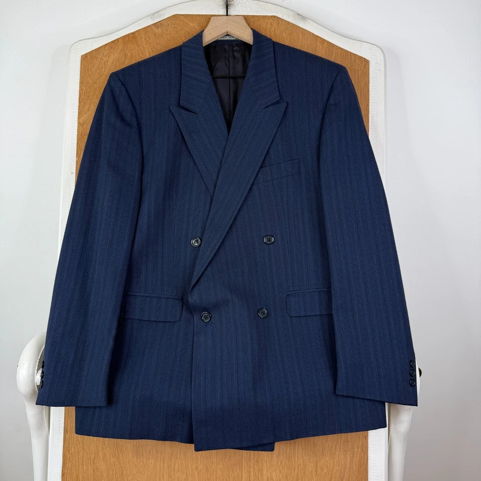 Traje De Colección Doble Pecho Para Hombres 42R Azul Marino Rayas 4x1 Mezcla de Lana Pantalones 36x32 Foto 2 de 4