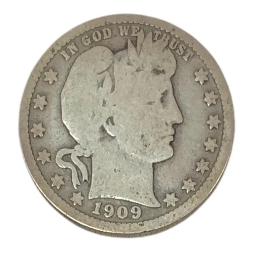 1909 Barber Quarter 25C 90% Silver US Coin Liberty Head Circulated USA
