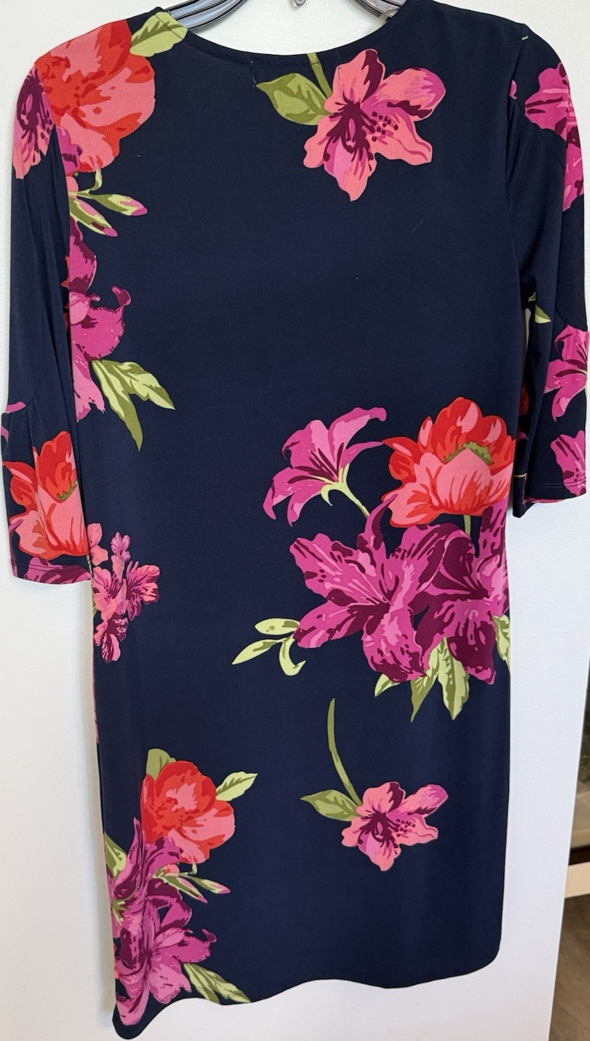 Alexandra + Oak Navy Floral Knit Stretch Shift Dress Round Neck 3/4 Sleeve S