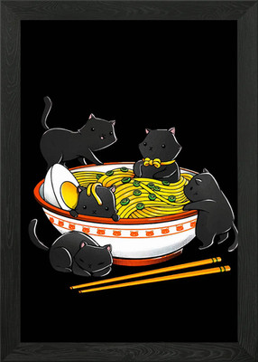 Cats in Ramen Bowl Illustration Framed Wall Art Poster Canvas Print Picture