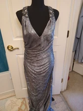 David Meister Liquid Silver Embellished Gown Size 10