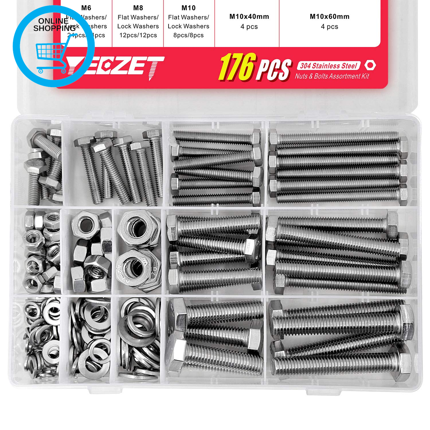 44 Pieces M6 M8 M10 304 Stainless Steel Hex Bolts, Washers, Spring Washers & Nut