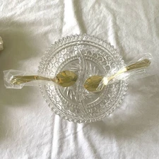 Fostoria Hostess Serving Dish 2 Section Clear Retro Vintage w/2 gold pltd spoons