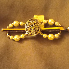Vintage Gold Tone Metal Filigree Barrette Hair Clip with Ivory Faux Pearls Women