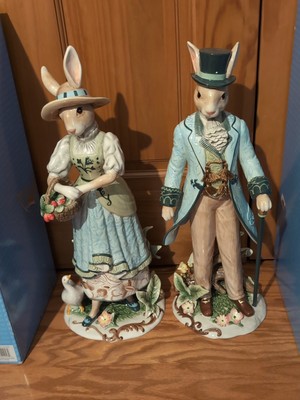 Fitz and Floyd  Blue Dapper Rabbits Ceramic Figurines Easter 20  Original Boxes