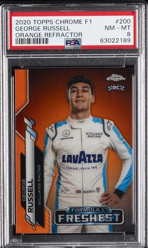 2020 TOPPS CHROME FORMULA 1 ORANGE REFRACTOR #200 GEORGE RUSSELL #/25 PSA 8