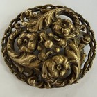 BIG ELEGANT VINTAGE VICTORIAN REVIVAL BRASS SCROLLING LEAF & FLOWER BROOCH — photo 1