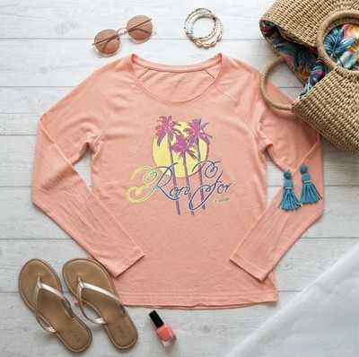 Ron Jon Surf Shop Tee Top Medium Pink Neon Grafik Palme Langarm Strand M