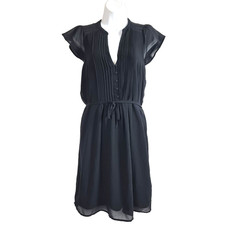 H&M Dress Womens Size EUR 34 Black Short Sleeve Pleated Bodice V-Neck A-line Tie