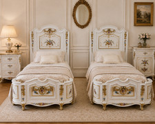 Bedframes French Louis XVI White Gold Floral Twin Beds Corbeille Pair 1950