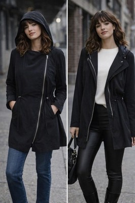 Black Asymmetrical Zip Hooded Jacket WM Size 8 Lightweight Drawstring Waist EUC