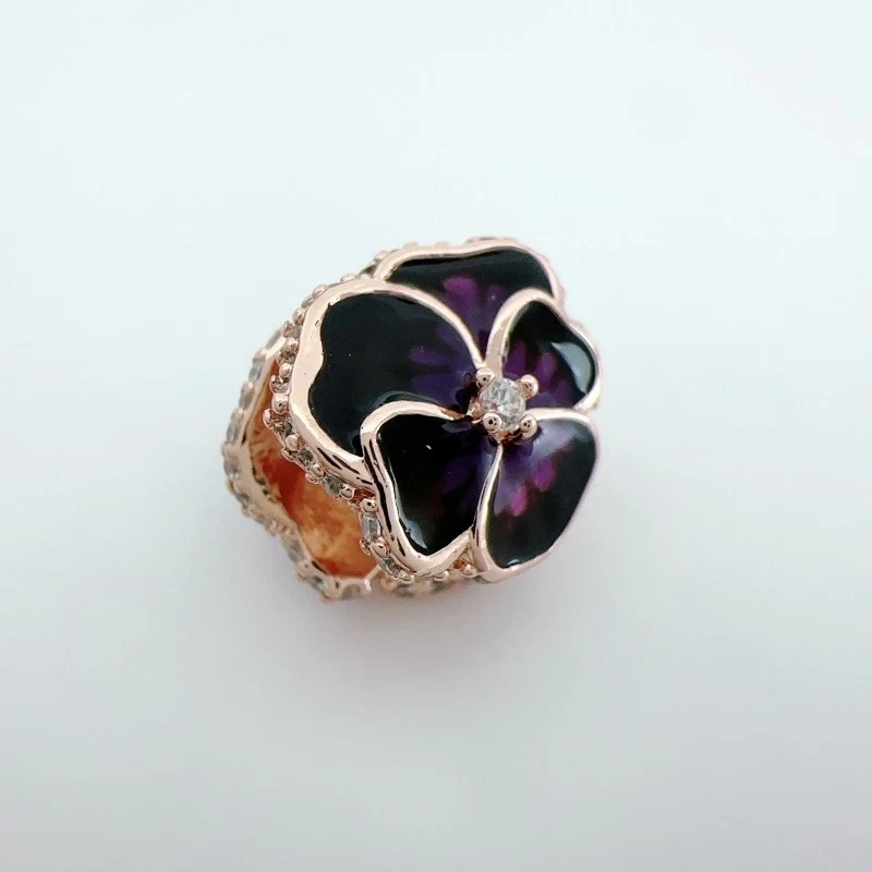 Rose Plated Deep Purple Enamel Flower Charm Bead fits Pandor Moments Bracelet - Image 3 of 4