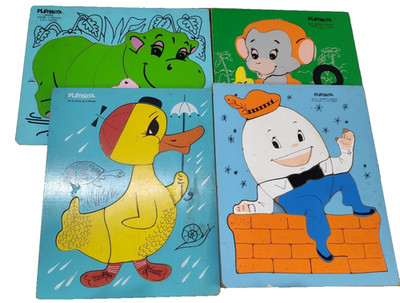 Lot Of 4 Vtg Playskool Wooden Puzzles Hippo Duck Monkey Humpty Dumpty