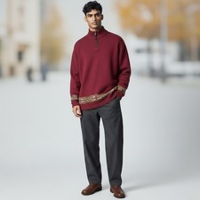 Pendleton Sweater Mens L Burgundy Shetland Wool Quarter Zip Geometric Vintage