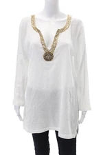 P.J. Salvage Womens Cotton Long Sleeve V-neck Beaded Blouse White Size L