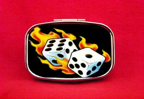 ROLLING DICE FLAMES FIRE CRAPS METAL PILL MINT BOX CASE - 第 1/1 張圖片