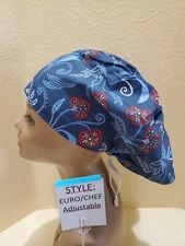 Flowers (red/white/blue) Women's  Euro/Chef Surgical Scrub Hat/Cap Handmade