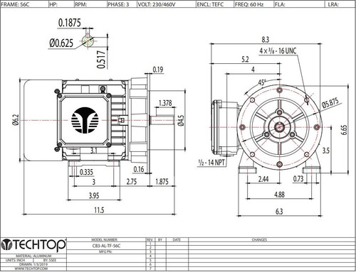 Techtop Cobra Electric Motor 2 HP 3600 Rpm 3-PH 208-230/460 Volt 56C Frame - Picture 8 of 9