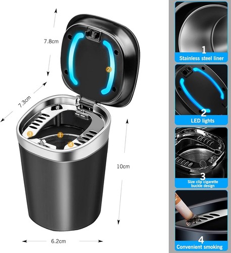 Auto Aschenbecher, Tragbare Edelstahl Aschenbecher Auto Mit LED Licht Und Deckel - Bild 2 von 8