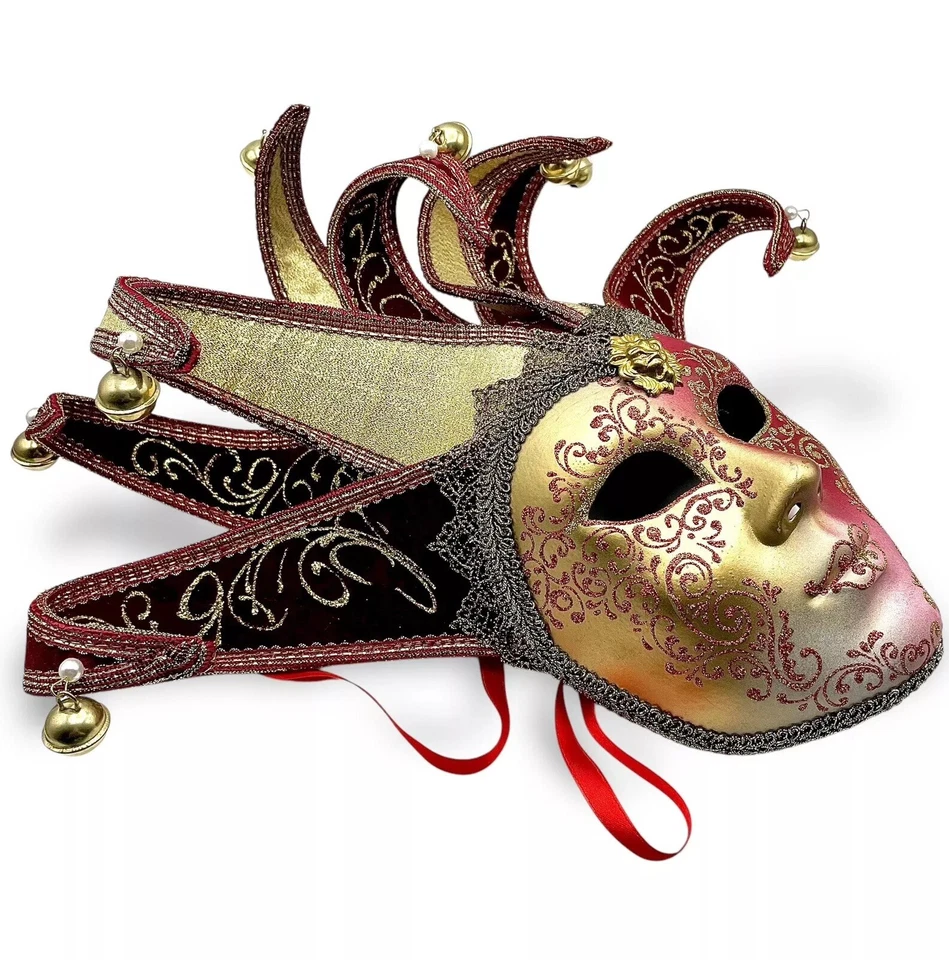Venetian JESTER MASK LEO Lady Masquerade Mardi Gras Red Gold Lion Italy - Image 2 of 4