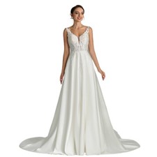 Satin Wedding Dresses V Neck Sexy Backless Lace Applique Bridal Gown Sweep Train