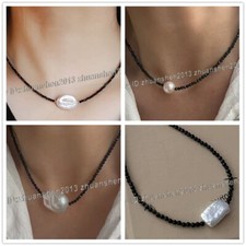 3mm Faceted Black Spinel Gems White Baroque Keshi Pearl Pendant Necklace 14"-20"