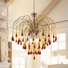 21.7in Gradient Red Crystal Chandelier Luxury Gold Glass Raindrop Pendant Lamps