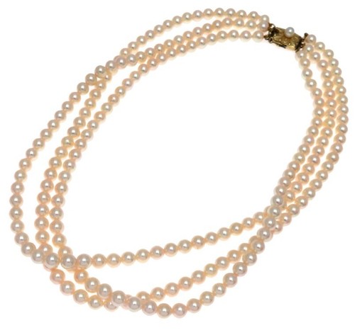 MIKIMOTO Akoya Pearl 5.0〜5.5mm K14 Yellow Gold 3Row Beaded Necklace w/Case 16.1"