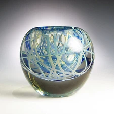 Limited Edition Blue Silver Swirled Art Glass Vase 1980 by Michael Cohn