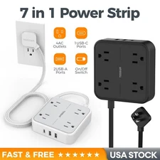 Ultra Thin Flat Plug Power Strip with Multi Outlet 3 USB Port 5FT Extension Cord
