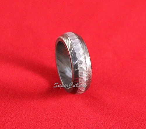 Custom Handmade Damascus Men Wedding Band Hammered Steel Midline - Picture 3 of 3