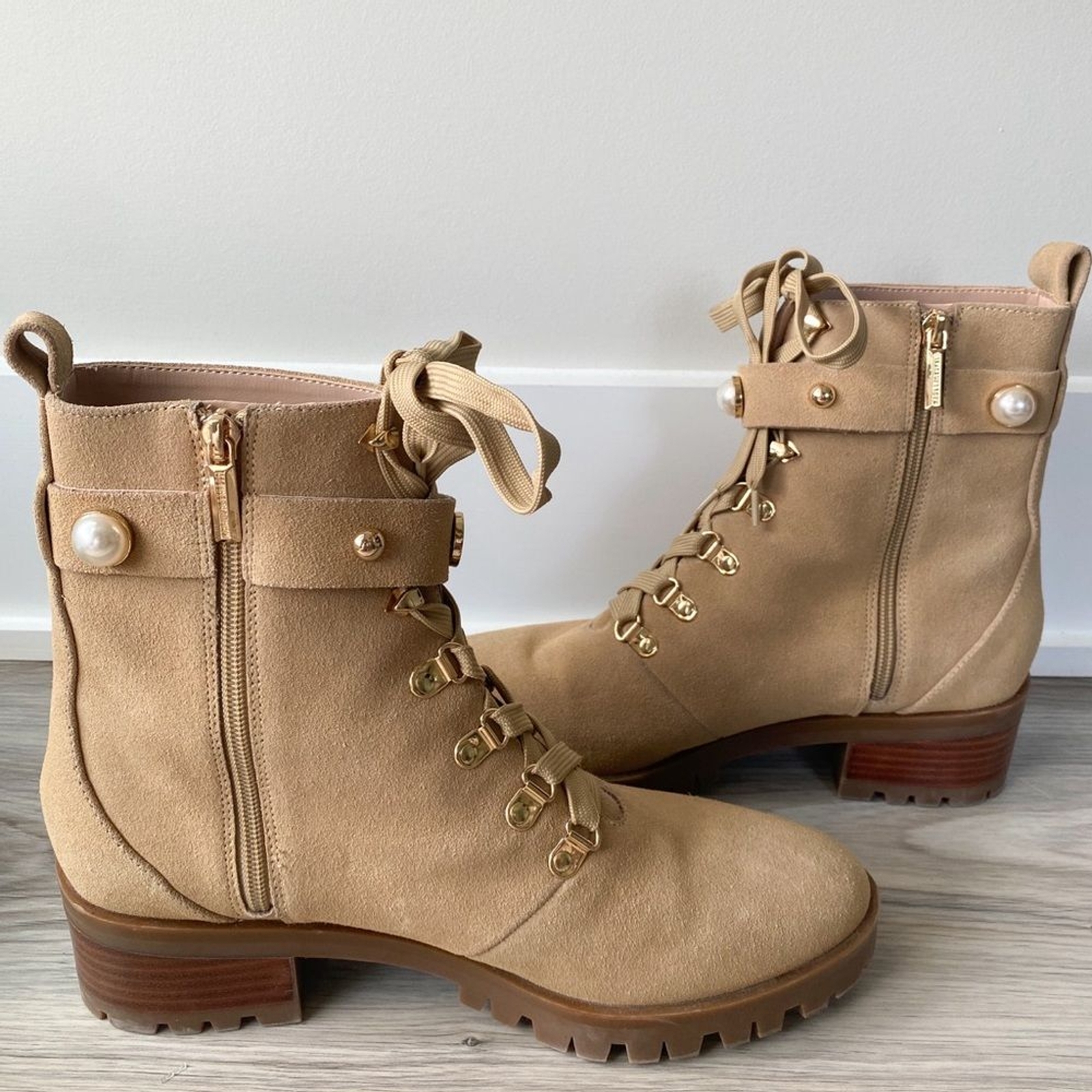 Karl Lagerfeld Womens Perry Combat Boot 10 Sand Moto Boho Lace Up Grunge